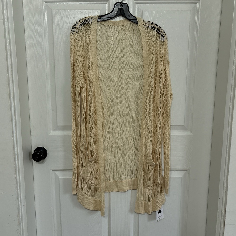 Open Knit Crochet Longline Cardigan M Beige Long Sweater Pockets Boho Hippie